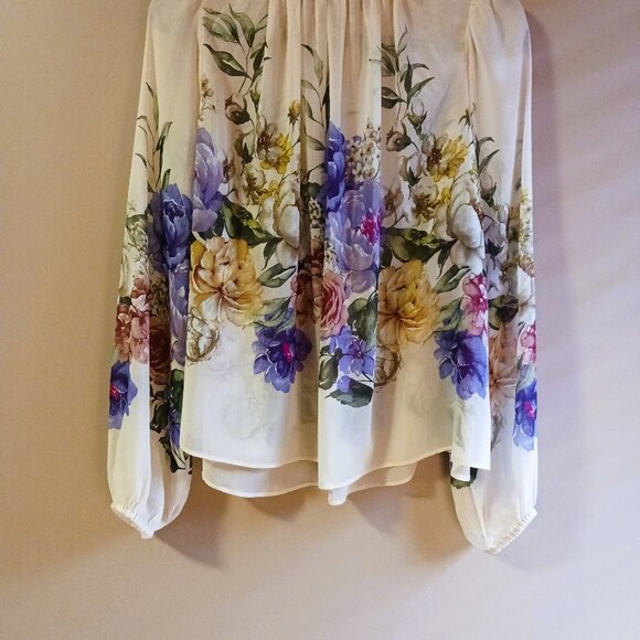 Size L - XL RACHEL ZOE Lightweight Summertime Cream Floral Romantic Sheer Blouse - Picture 7 of 7